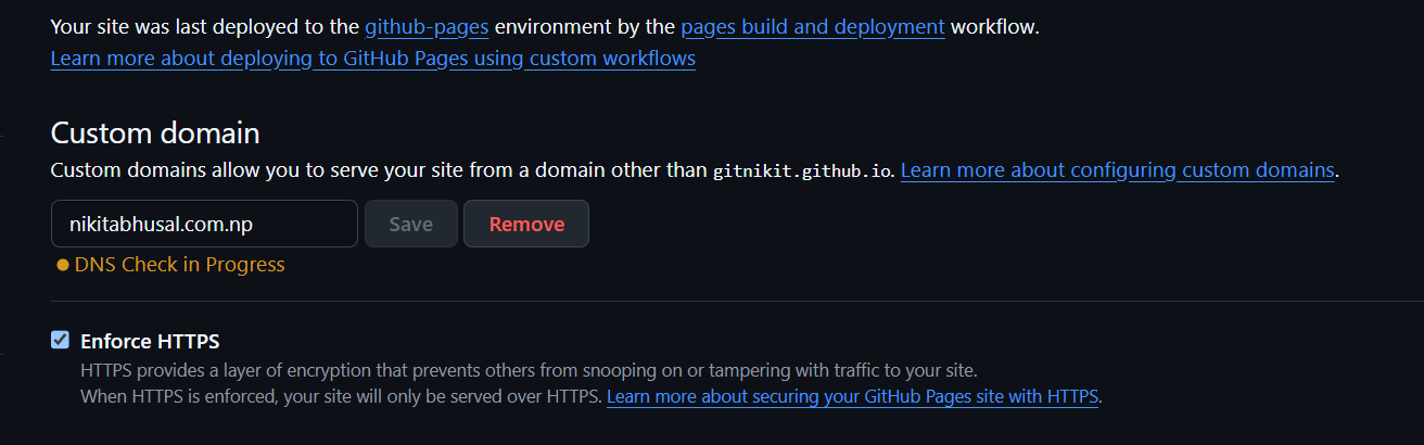 GitHub Pages custom domain DNS check in progress