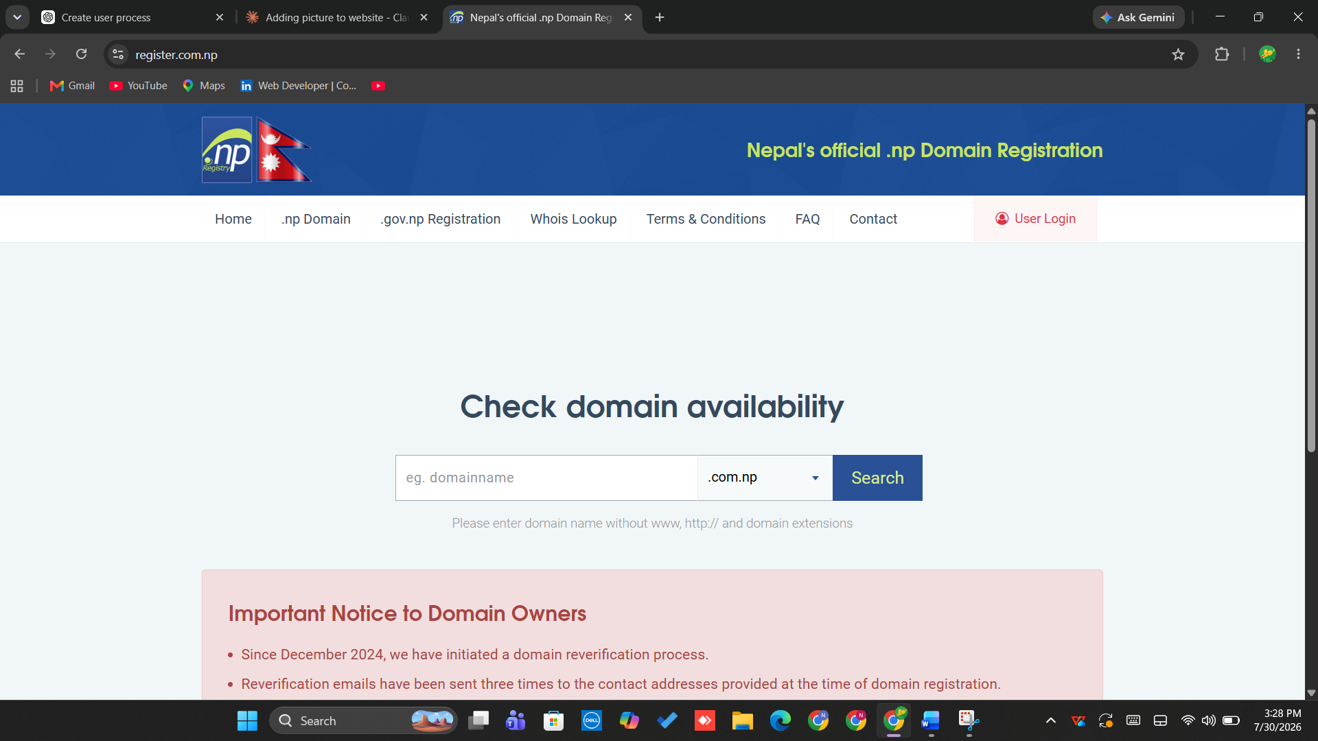 np domain registration login page